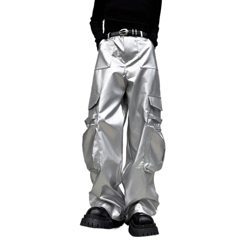 Leather Work Pants - Pantalon en cuir argenté pour hommes,