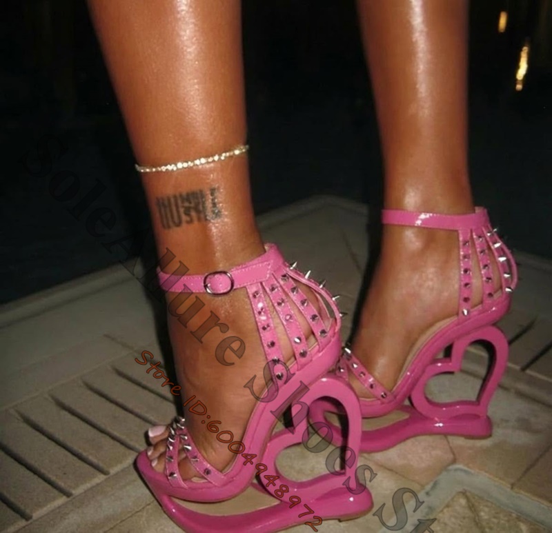 Leather Work Heels - Sandales compensées rose vif à clous