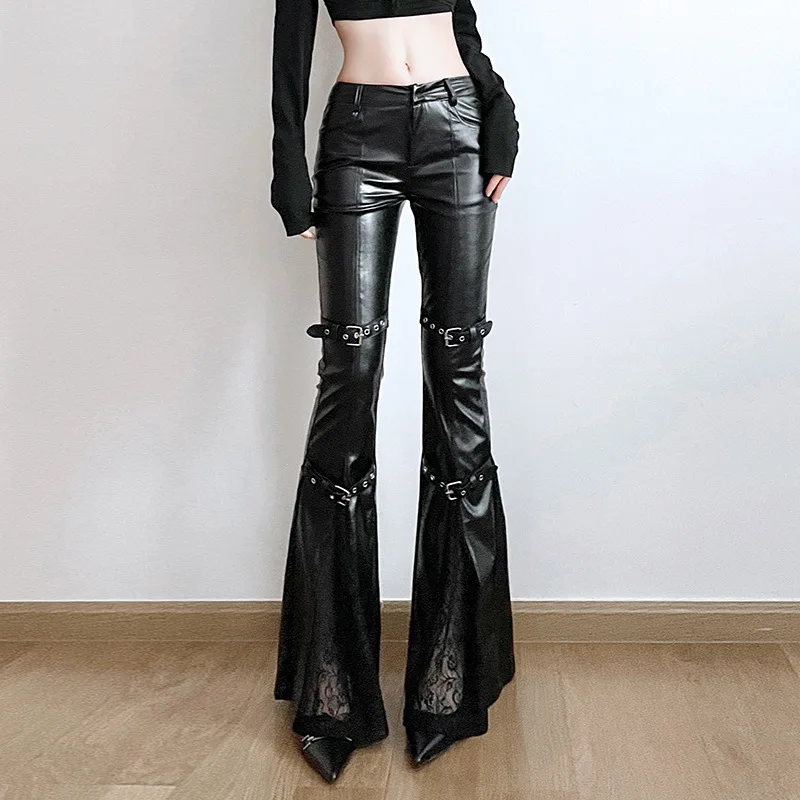 Leather Work Pants - Pantalon évasé en cuir PU pour